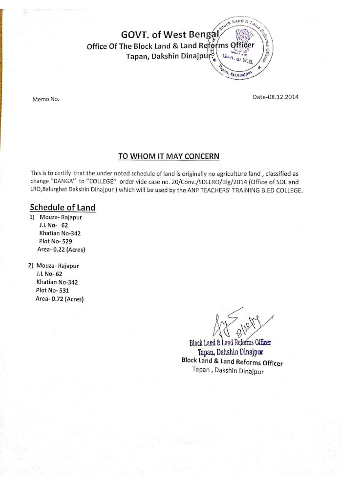 Land Use Certificate ANP Teacher s Training B Ed College